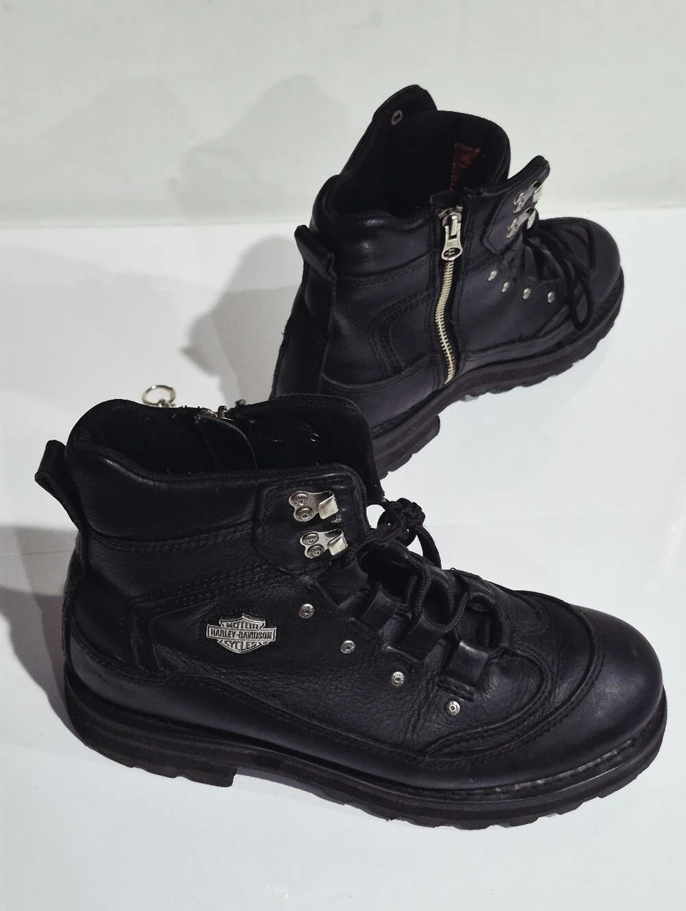 HARLEY DAVIDSONMen's Black Leather Lace-Up Boots with Side Zipper. Size 10
